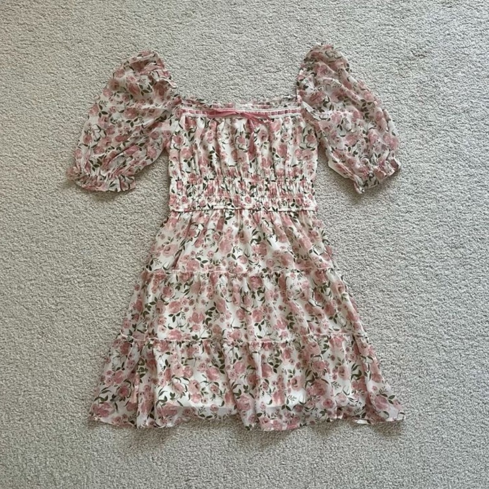 Altar'd State Pink Floral Smocked Puff-Sleeve Dress